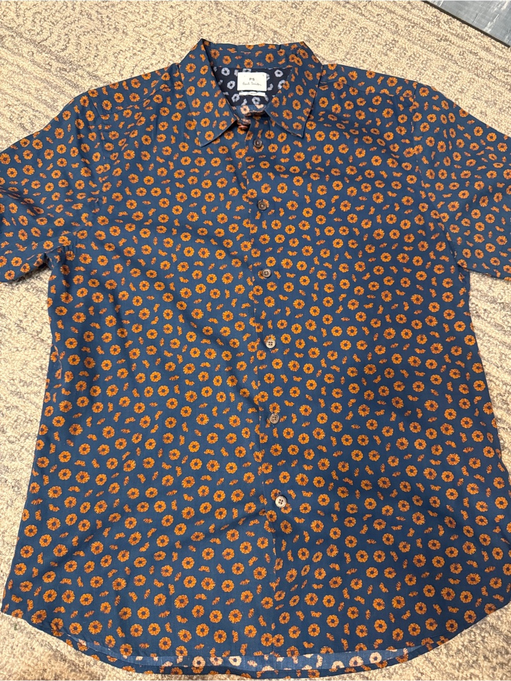 Paul Smith Navy Short-Sleeve Button-Down Shirt with Orange Floral Print